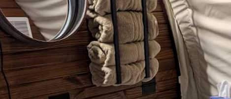 Hair dryer, towels, soap, shampoo