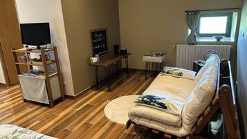 Quarto com sofá, televisão em uma estante, uma mesinha e janela com cortinas.