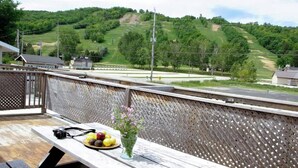 En træterrasse med et picnicbord, et kamera og en blomstervase.