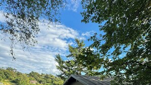 Eine kleine Holzhütte mit einer Terrasse, umgeben von üppigem Grün und wolkenlosem Himmel.