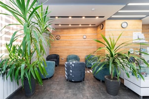 Zona de recepción con pared de madera, dos relojes y un mostrador con vitrina de vidrio.