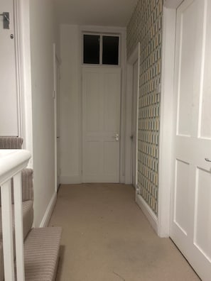 A hallway with a carpeted floor, a white door, and a patterned wall.