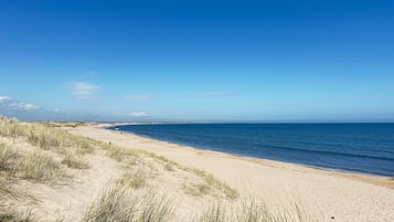 Uma praia arenosa com dunas e um céu azul límpido.