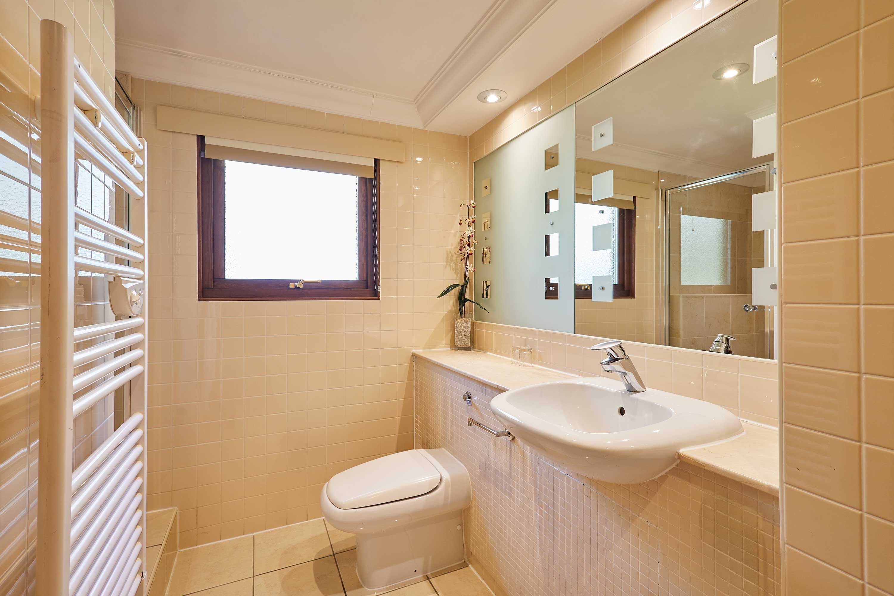 A bathroom with a toilet, sink, and mirror.