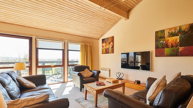 Ein Wohnzimmer mit Ledersofas, einem Couchtisch, einem Fernseher und Kunstwerken an der Wand.
