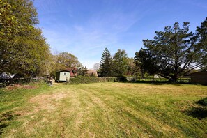 A grassy yard with a small shed, a tree, and a house in the background. - Host Stay The Tiled Cottage (Ashford)