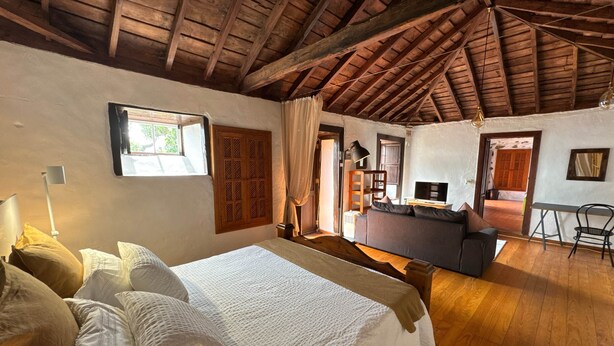 Una habitación amplia con techo de madera, una cama con ropa blanca, un sofá, un televisor y un escritorio.
