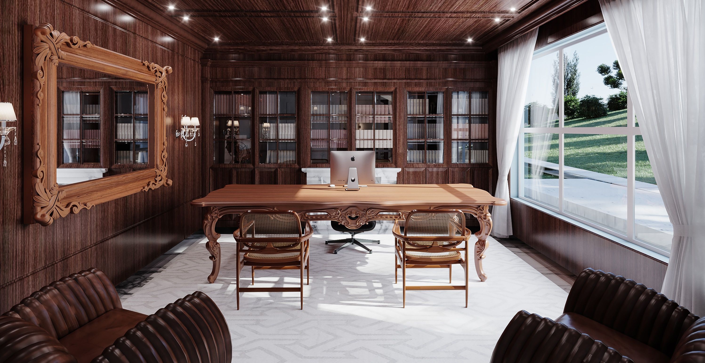 Een kamer met een grote houten tafel, twee stoelen, een bureau met een computer en boekenkasten.