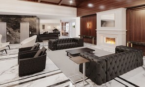 A spacious living area with a fireplace, modern furniture, and a marble floor. - Gran Valley Resort  - GAV Resorts (Gramado)