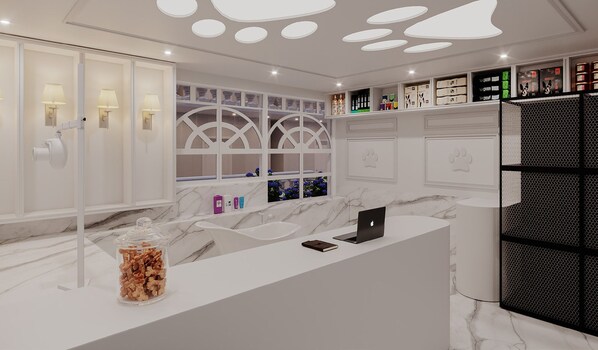 Un baño moderno con encimera de mármol, un tarro de vidrio con aperitivos, una computadora portátil y zona de ducha con puerta de vidrio.