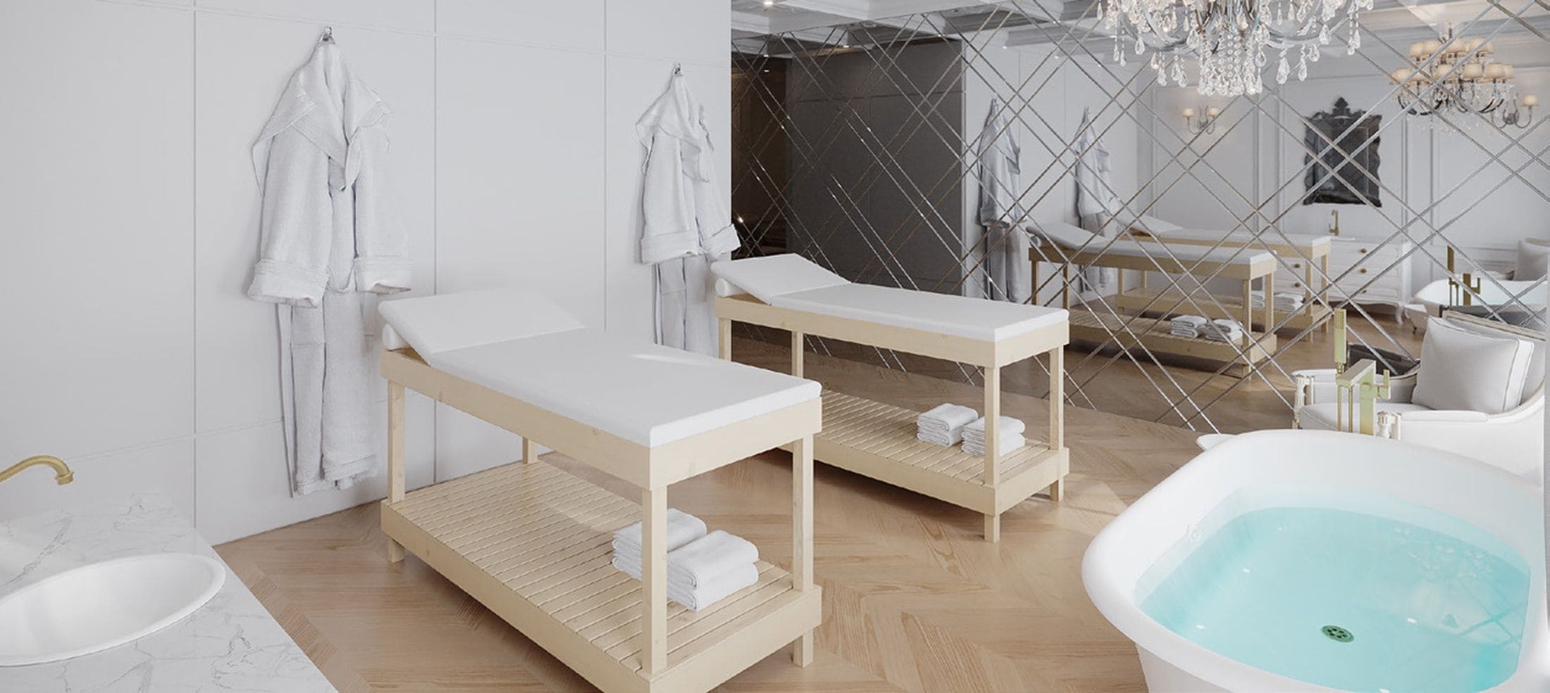 Un moderno spa con una banca de madera, una bañera blanca y un lavamanos.