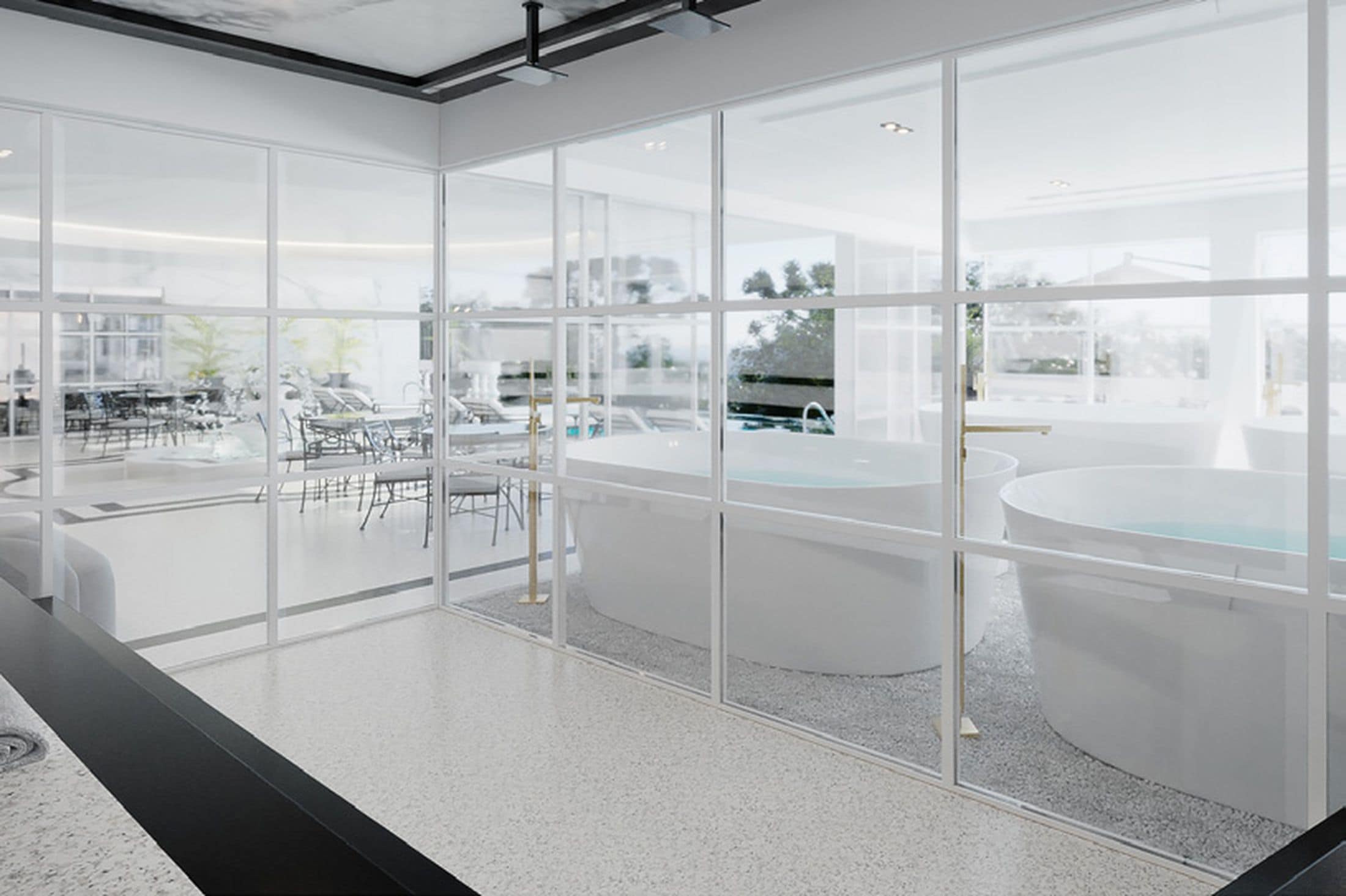 A modern interior with large windows, a pool area, and a seating area with tables and chairs.