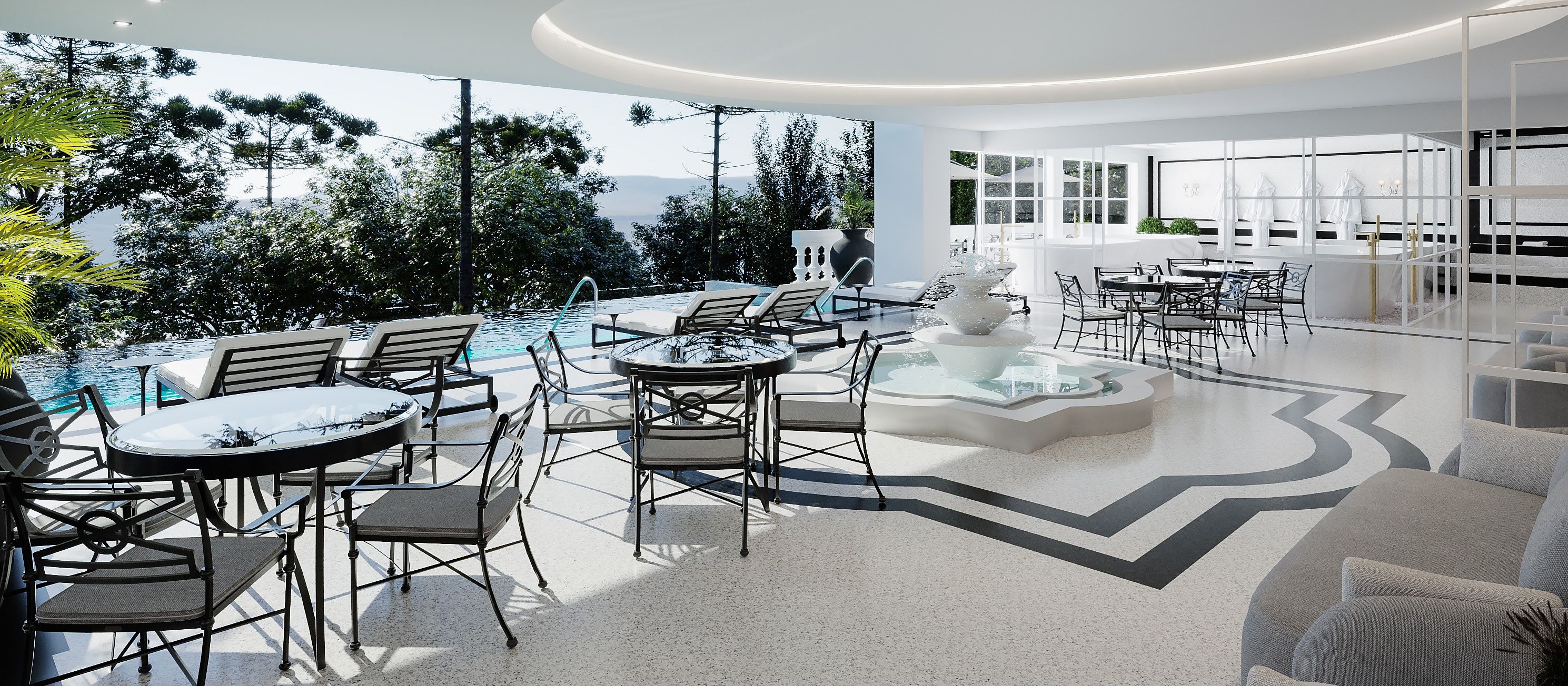 A modern outdoor lounge area with a pool, seating, and a decorative fountain.