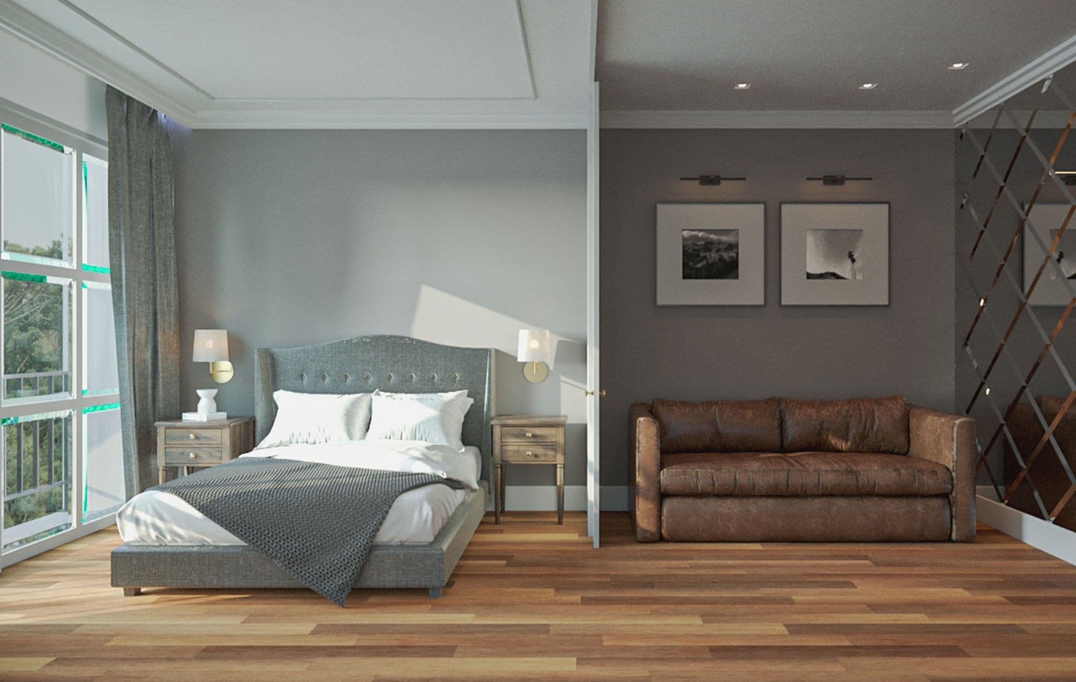 Une chambre moderne avec un grand lit, un canapé et une vue sur l’extérieur.