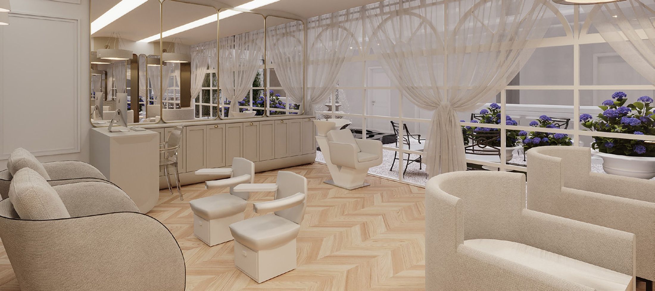A modern interior with a seating area, a counter, and a view through large windows.