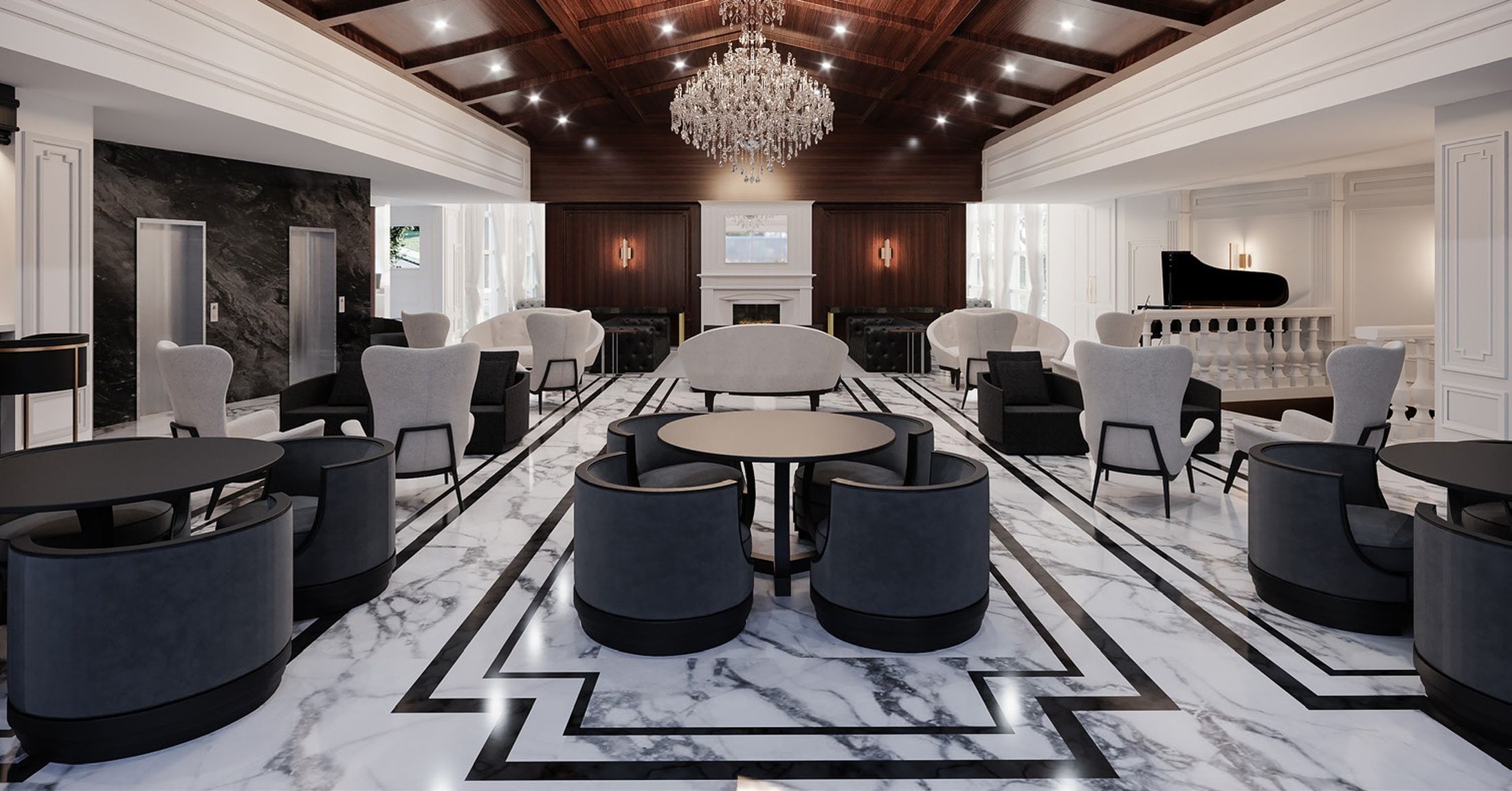 A spacious room with a grand chandelier, marble flooring, and a piano.