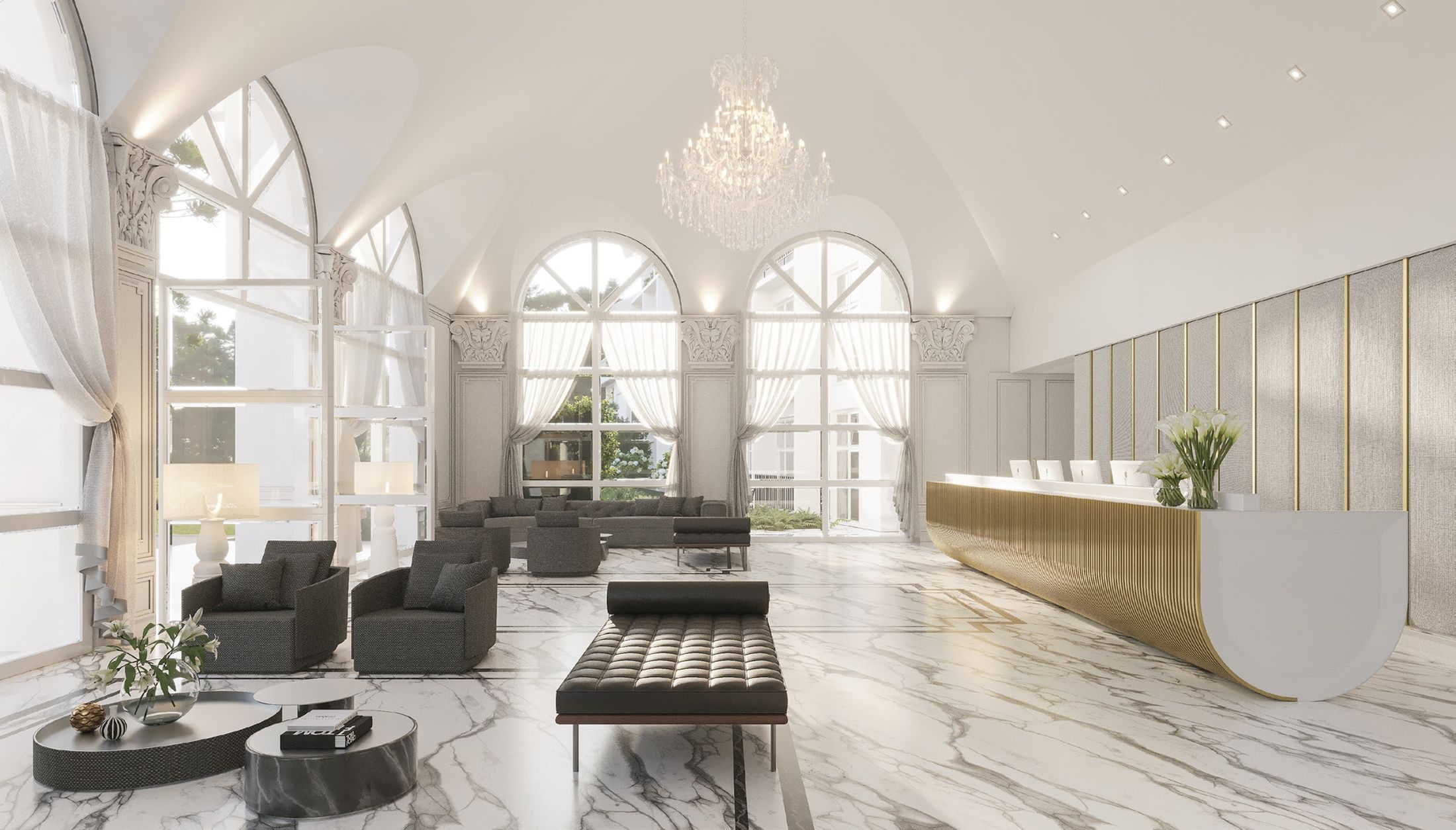 Eine geräumige Lobby mit Marmorboden, Sitzgelegenheiten und einer Rezeption.