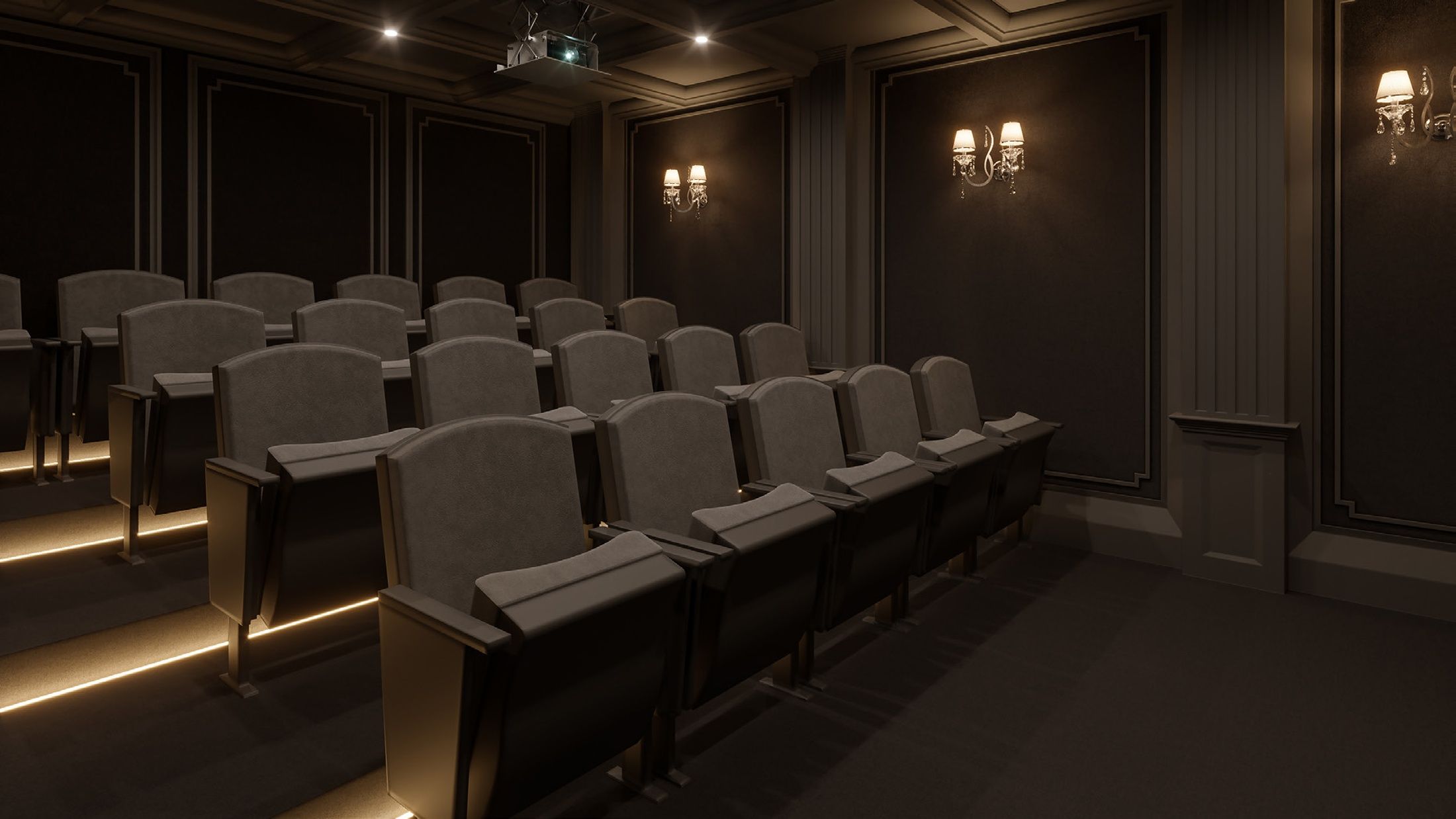 A theater with rows of seats, a stage, and wall sconces.