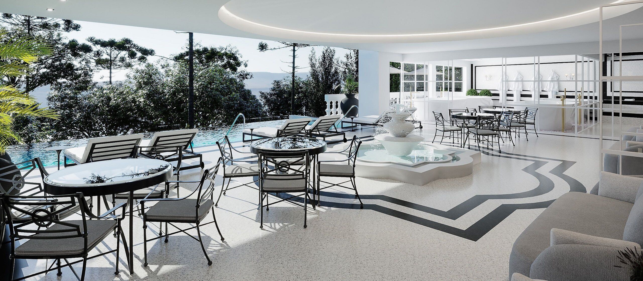 Un espace de détente extérieur moderne, doté d’une piscine, de sièges et offrant une vue sur les arbres et les montagnes.