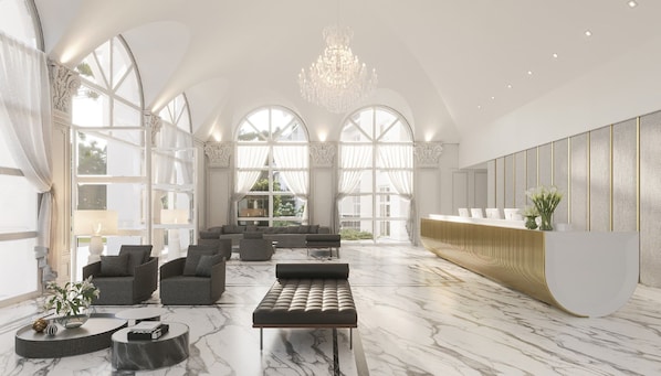A spacious lobby with a marble floor, a chandelier, and a reception desk. - Gran Valley Resort - GAV Resorts (Gramado)