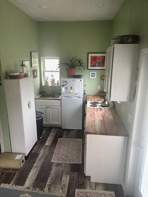Cocina compacta con refrigerador, pileta y cubierta de madera.