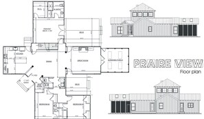 A floor plan of a Prairie View property with a primary bedroom, kitchen, dining area, and multiple bedrooms. - Brand new construction quiet neighborhood fire pit screened porch (Sawyer)