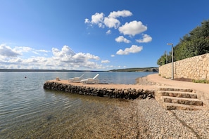 Ein Kiesstrand mit Liegestühlen und einer Steinmauer.