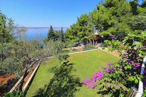 Ein Garten mit Rasen, Bäumen und Blick aufs Meer.