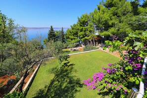 Ein Garten mit Rasen, Bäumen und Blick aufs Meer.