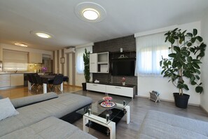 A modern living room with a sofa, a glass coffee table, a TV, and a dining area with chairs and a table. - Apartment Anita with Outdoor Kitchen (Zadar)
