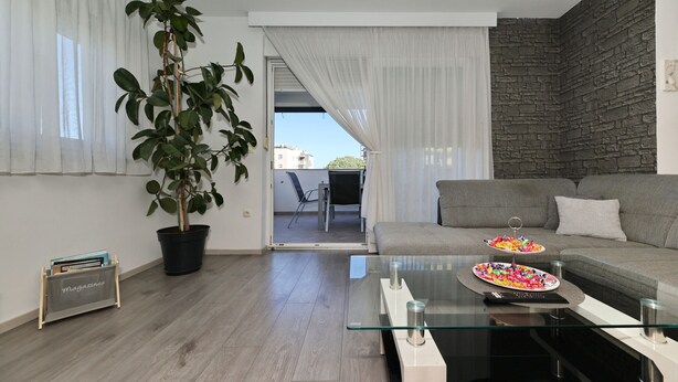 Un salon moderne avec une table basse en verre, une plante en pot, un canapé et un coin repas où se trouve un gâteau.