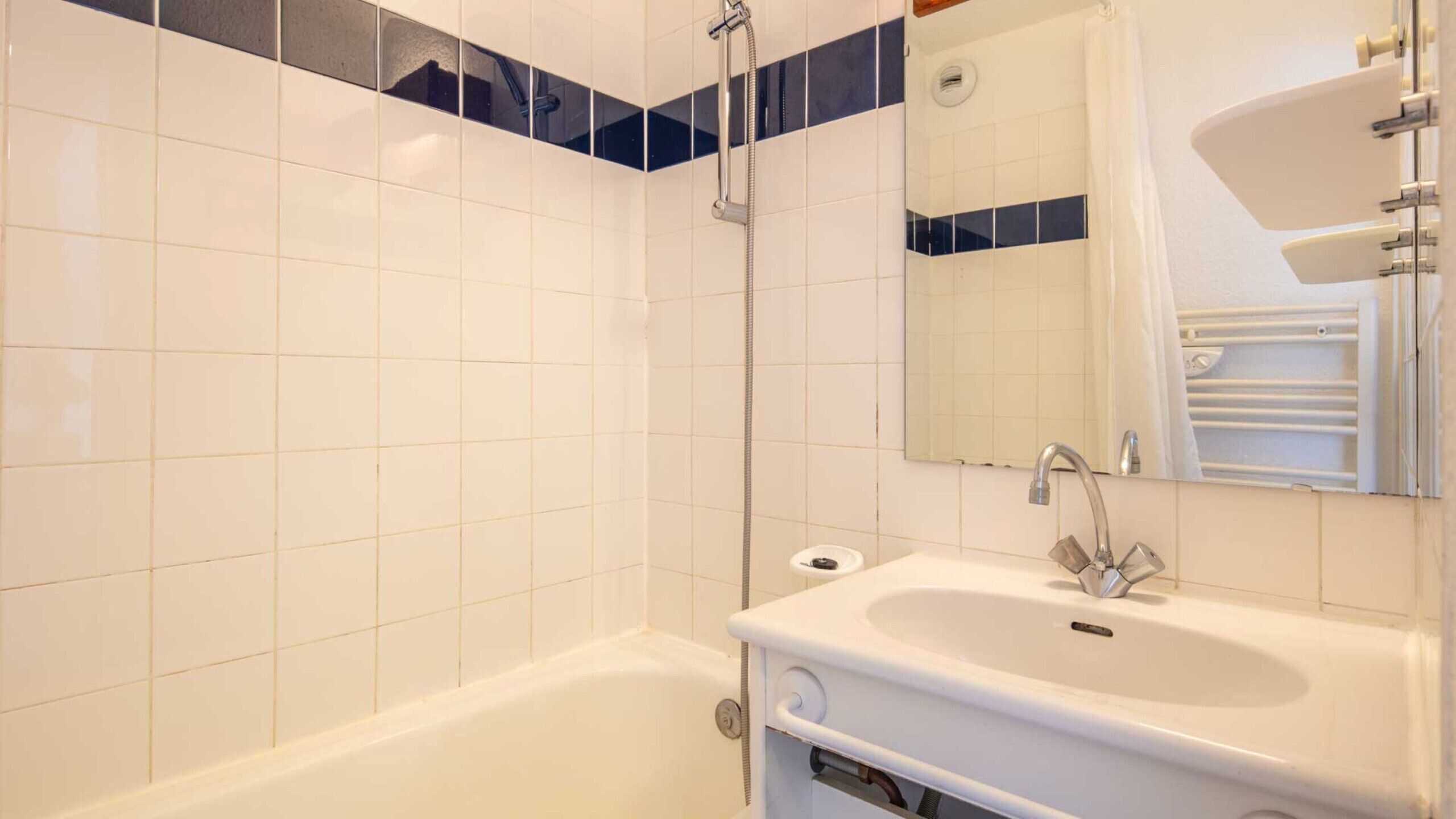 Une salle de bain avec une baignoire, un lavabo, un miroir et une douche.