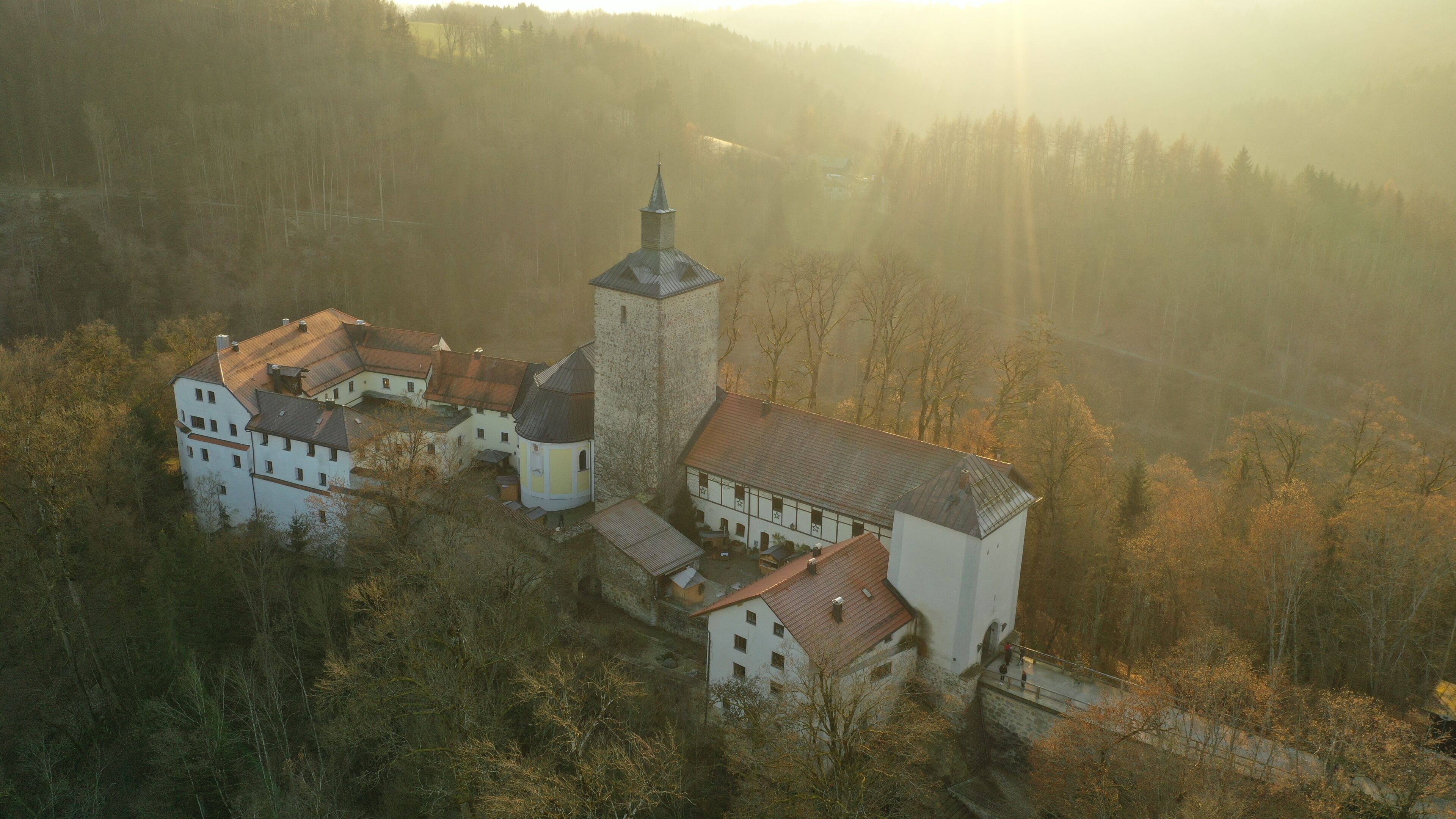 Un complejo de edificios históricos con varias estructuras, incluyendo una torre destacada y varios edificios más pequeños, rodeado de un bosque denso.