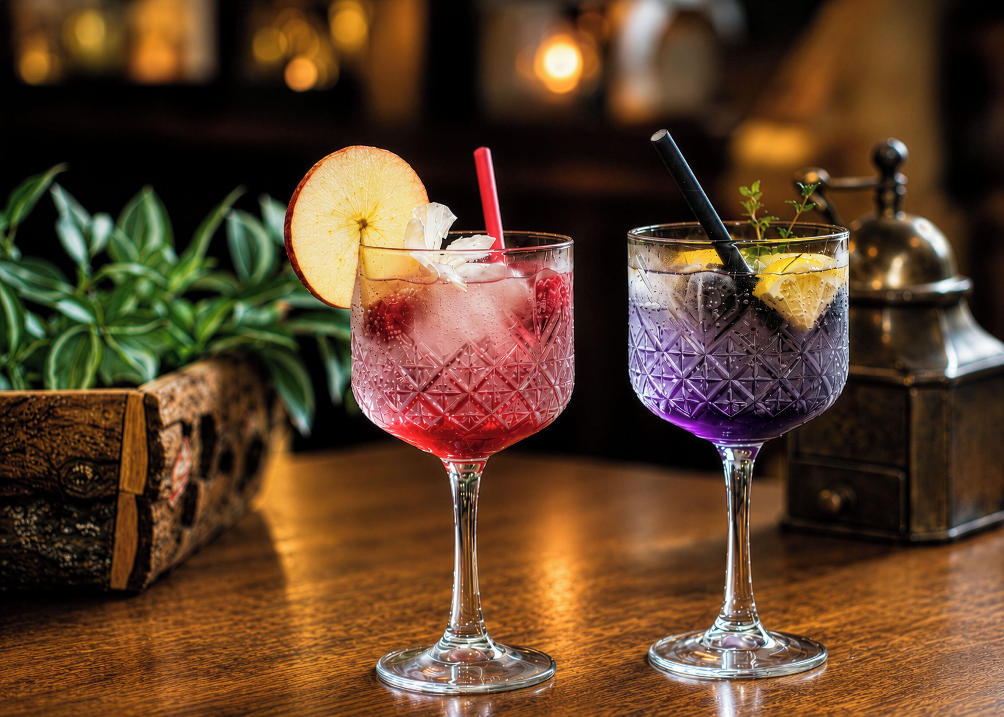 Kaksi koristeltua cocktail-lasia puupöydällä, ympärillä vihreää kasvillisuutta ja messinkinen esine.