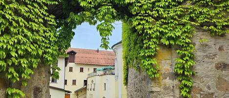 A stone archway with green foliage, leading to a cobblestone street and buildings with traditional architecture.