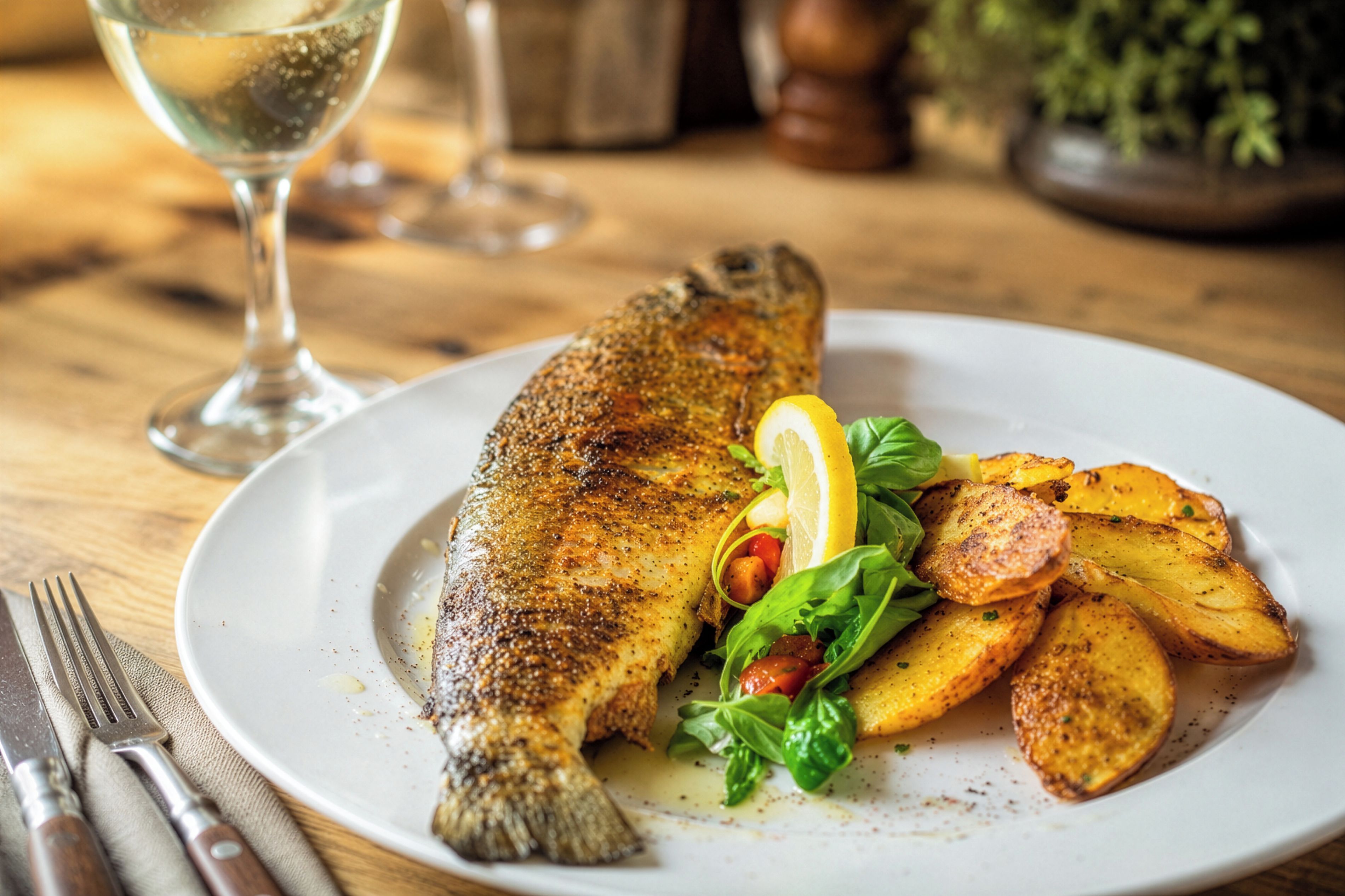 Prato com um peixe inteiro, batatas assadas e uma fatia de limão em um prato branco.