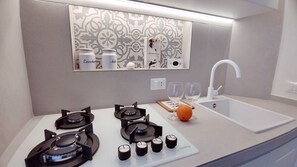Eine moderne Küche mit zwei Gasherden, einer Spüle und einer Arbeitsfläche mit Obstschale und Gläsern.