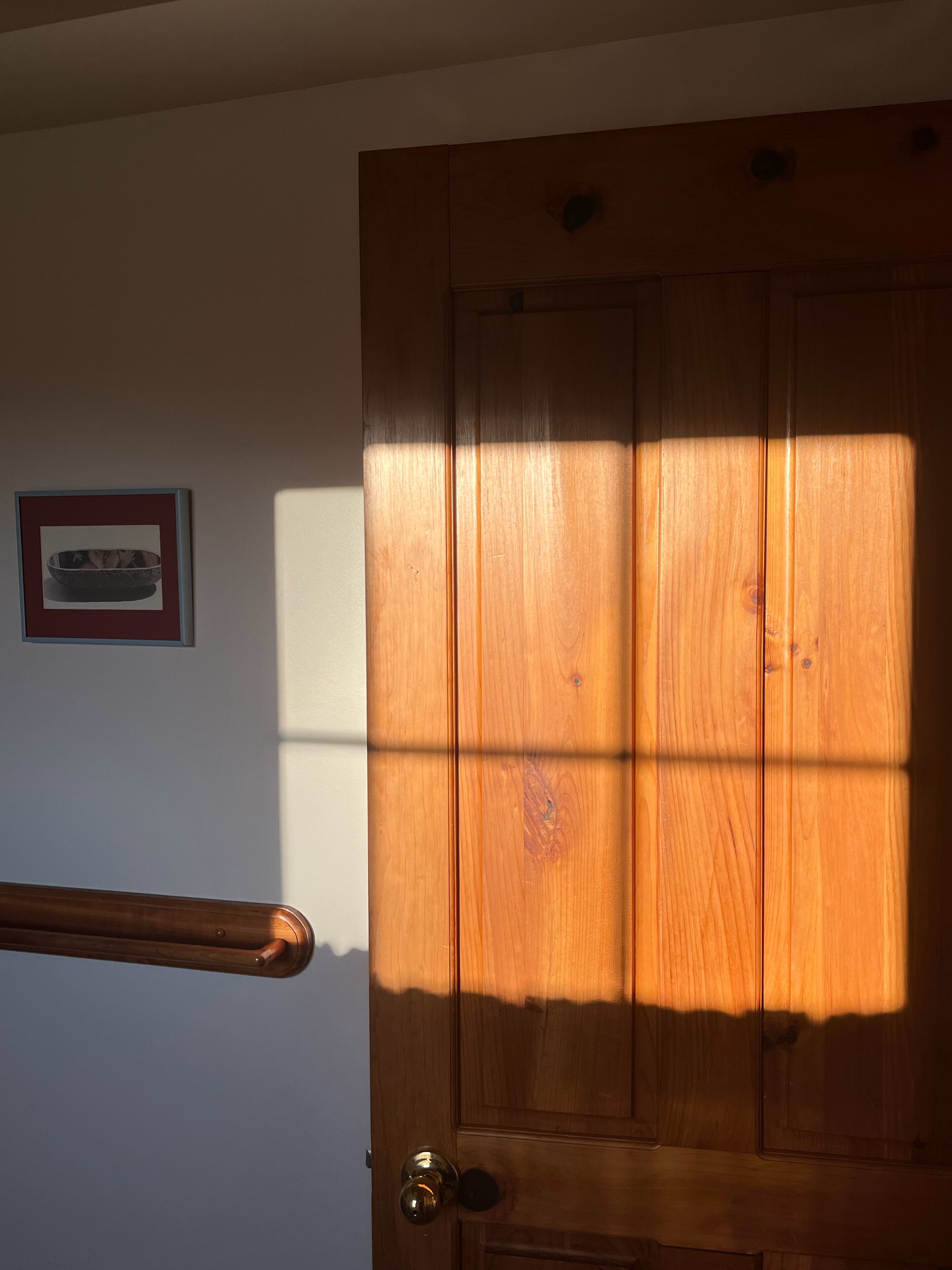 A wooden door with a brass doorknob, a wooden handrail, and a framed picture on the wall.