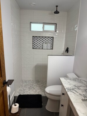 Un baño con inodoro, ducha, encimera de mármol y salpicadero de azulejos estampados.
