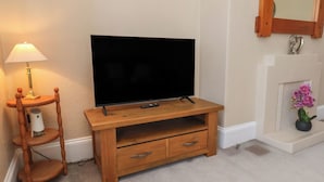 Ein Fernseher auf einem Holzboden, mit Fernbedienung, einer Lampe und einem Kamin mit einer Blumenvase.