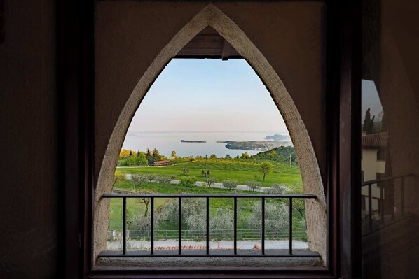 Blick durch ein Fenster mit einem steinernen Bogen auf eine grüne Landschaft mit Bäumen und einem Gewässer.