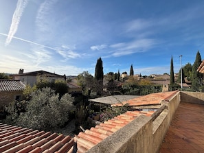 Une terrasse sur le toit, avec des carreaux de terre cuite, des murs en pierre et une vue sur un quartier résidentiel avec des maisons et des arbres.
