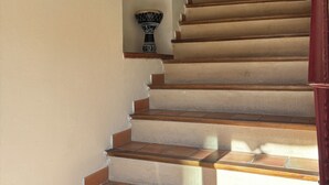 Eine Treppe mit Handlauf, einer Zierblume und einer Tür am Obergeschoss.