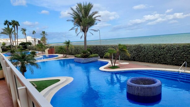 Una piscina con vista al mar, rodeada de palmeras y un seto.
