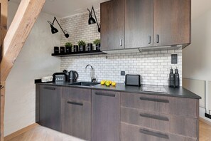 Economy Studio Suite, City View | Private kitchen | Highchair - Lion Apartments - Santorini Studio (Gdańsk)