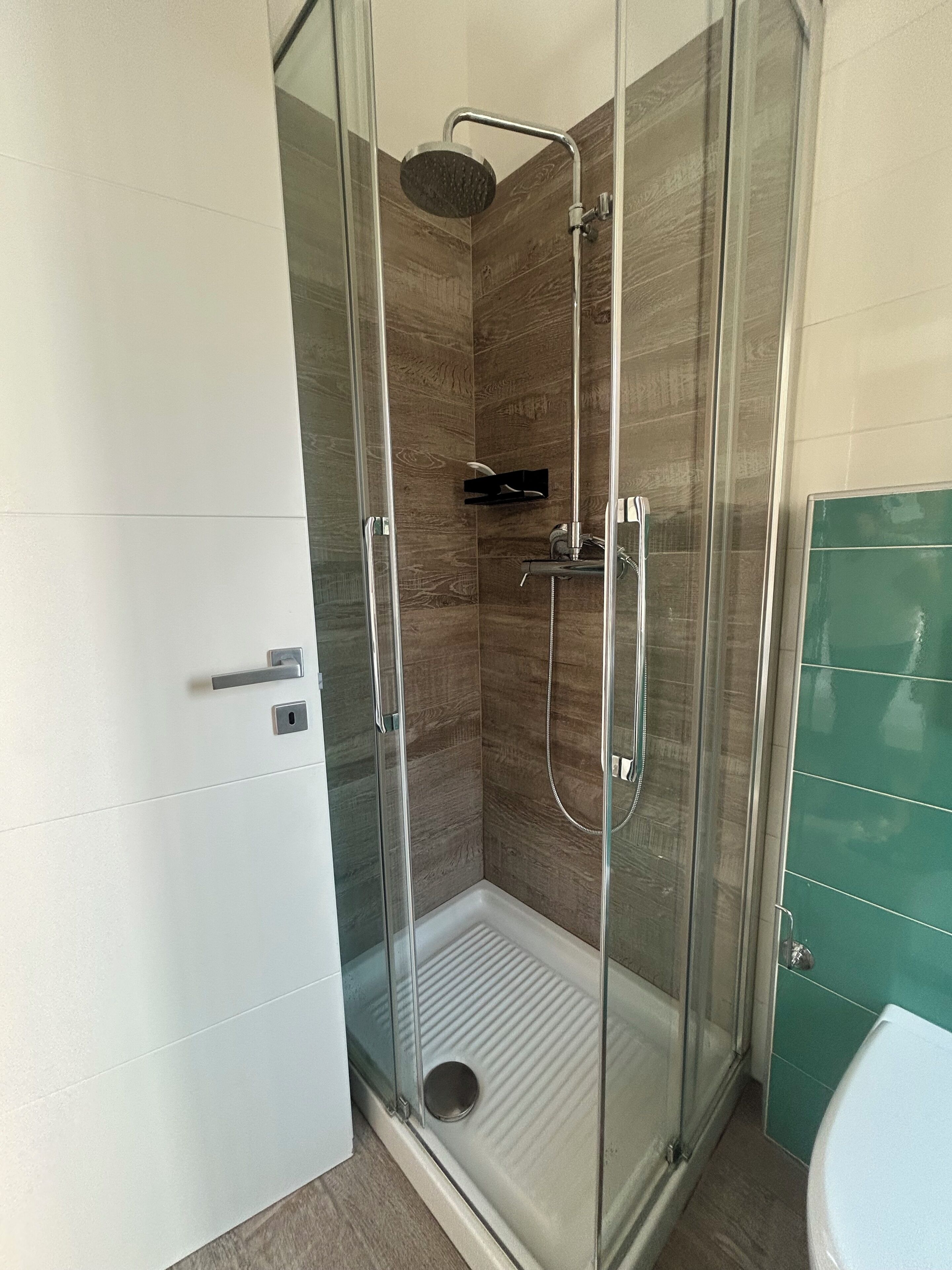 Une douche fermée par des parois en verre, dotée d’un pommeau de douche à main, d’une petite étagère et d’un sol carrelé.
