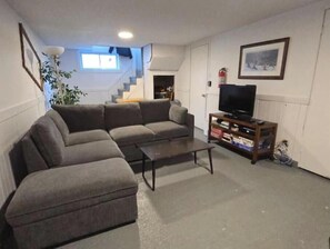 Smart TV, fireplace, books, computer monitors