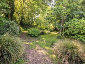 Un paisaje natural con un camino de grava, abundante vegetación y árboles.