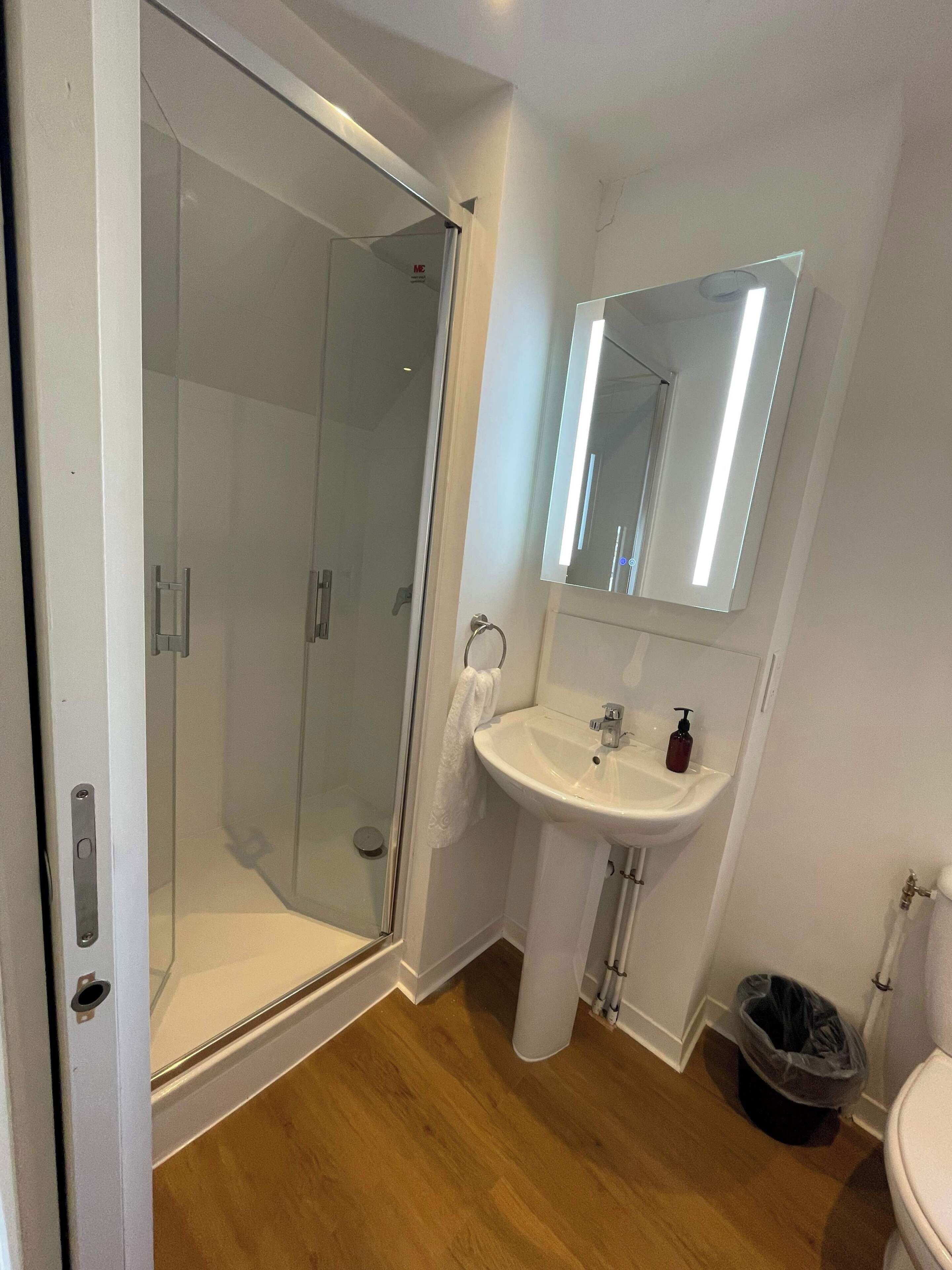 A bathroom with a glass shower enclosure, a sink with a mirror, and a toilet.