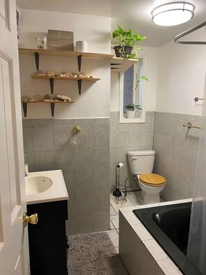 A bathroom with a toilet, sink, and bathtub. There are shelves with toiletries and a potted plant. - Brooklyn Garden Apartment (Brooklyn)